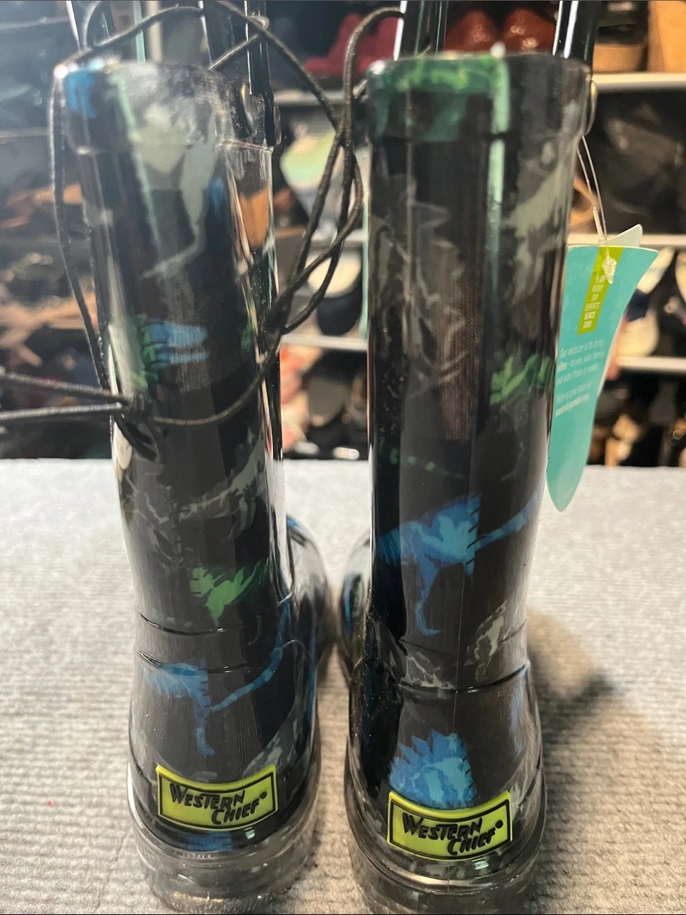 Kids Black Dino Rain Boots with Blue & Green Accents. No Longer LIGHT UP